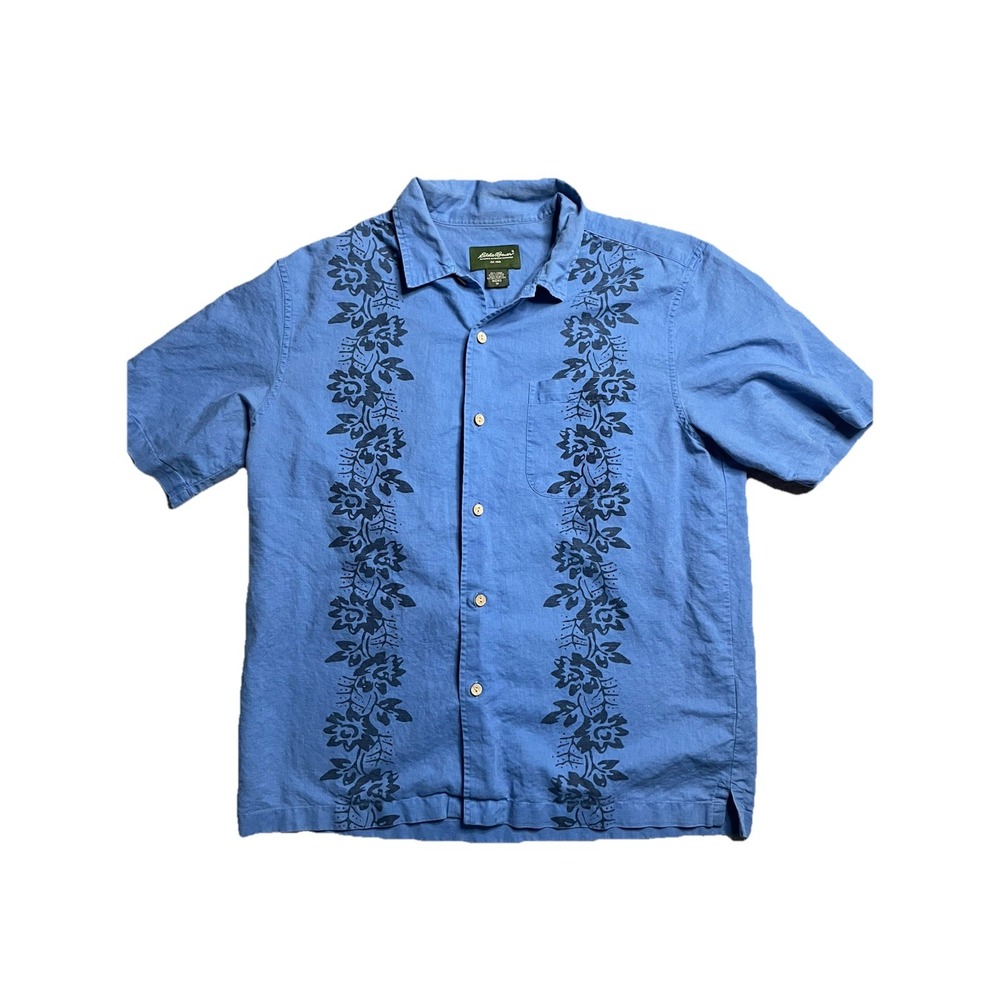 EDDIE BAUER Hawaiian Shirt Mens Medium Blue Floral Short Sleeve Linen Blend